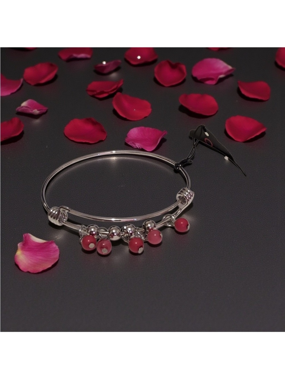 paparazzi Silver-Tone Bangle with Hot Pink Bead Charms